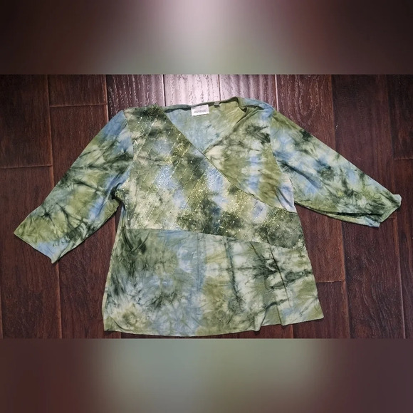 Avenue Womens Stretchy Green V Neck Long Sleeve Blouse - Picture 1 of 9